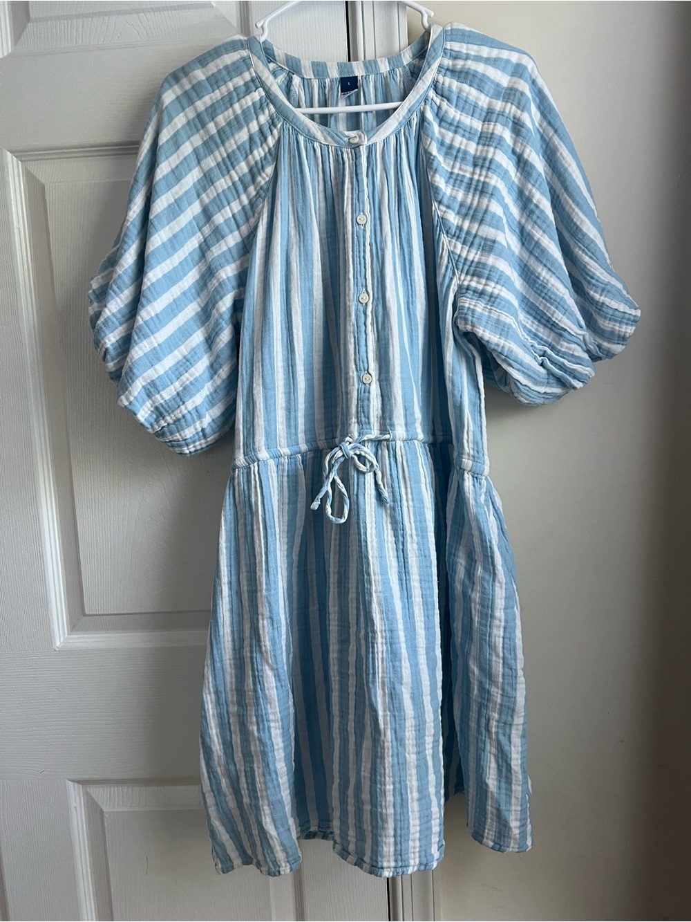 Old Navy Blue & White Striped Gauze Tie Waist Button Puff Sleeve Dress Large